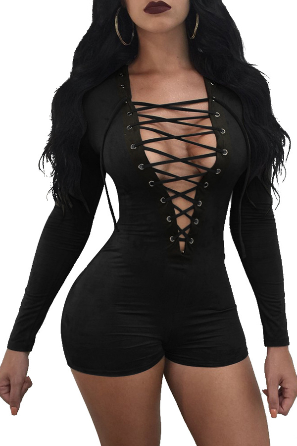  Sexy Deep V Neck Lace-up Hollow-out Black Polyester One-piece Jumpsuits