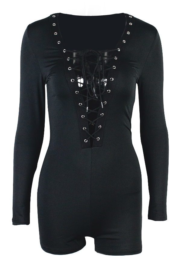  Sexy Deep V Neck Lace-up Hollow-out Black Polyester One-piece Jumpsuits