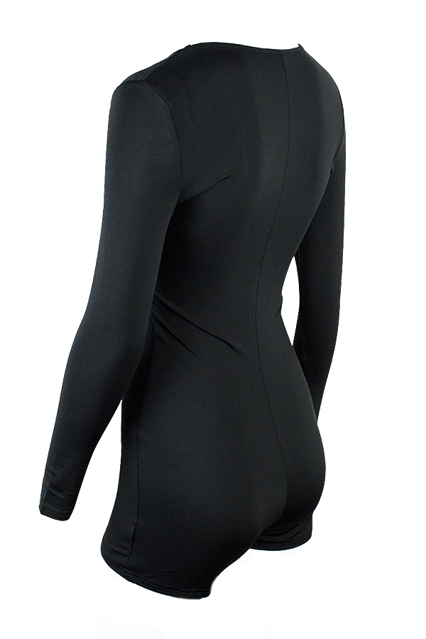  Sexy Deep V Neck Lace-up Hollow-out Black Polyester One-piece Jumpsuits