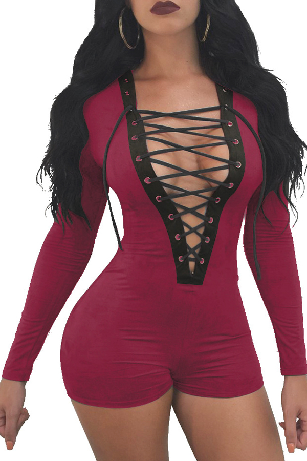  Sexy Deep V Neck Lace-up Hollow-out Wine Red Polyester One-piece Jumpsuits