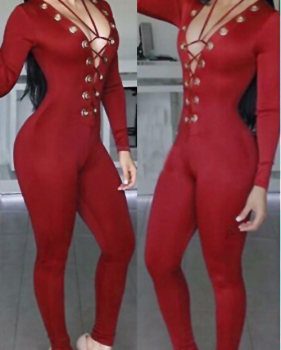  Sexy Deep V Neck Lace-up Red Polyester One-piece Jumpsuits
