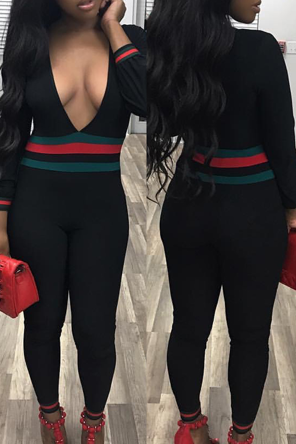  Sexy Deep V Neck Patchwork Black Blending One-piece Jumpsuits