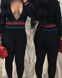  Sexy Deep V Neck Patchwork Black Blending One-piece Jumpsuits
