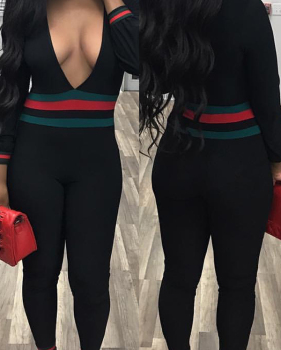  Sexy Deep V Neck Patchwork Black Blending One-piece Jumpsuits