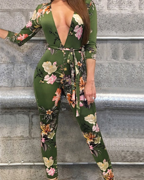 Sexy Deep V Neck Printed Green Polyester One-piece Jumpsuits Sexy Deep V Neck Printed Green Polyester One-piece Jumpsuits