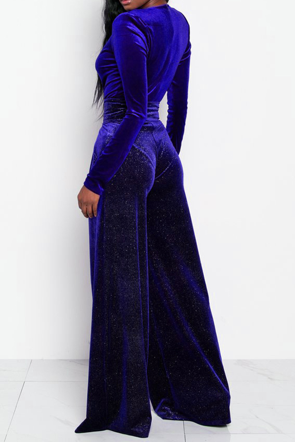 Sexy Deep V Neck Royalblue Velvet One-piece Jumpsuits