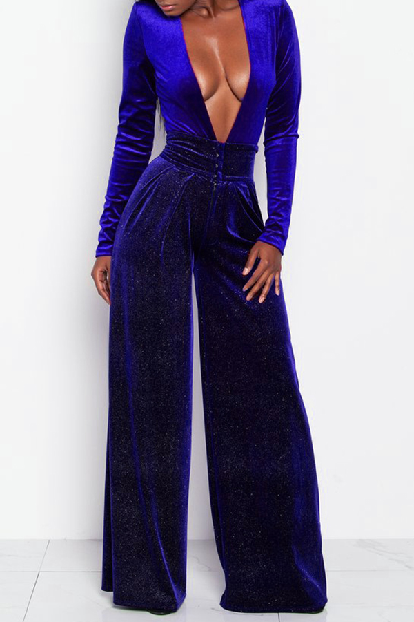  Sexy Deep V Neck Royalblue Velvet One-piece Jumpsuits