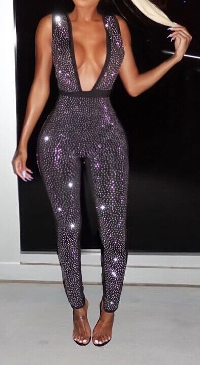  Sexy Deep V Neck Sequined Decorative Black Polyester One-piece Jumpsuits