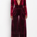  Sexy Deep V Neck Wine Red Velvet One-piece Jumpsuits