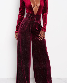  Sexy Deep V Neck Wine Red Velvet One-piece Jumpsuits