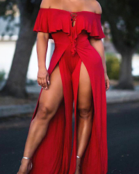  Sexy Dew Shoulder High Split Red Polyester One-piece Jumpsuits
