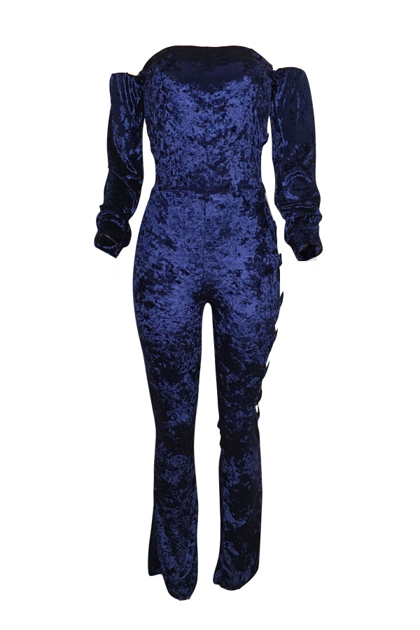  Sexy Dew Shoulder Hollow-out Dark Blue Velvet One-piece Jumpsuits