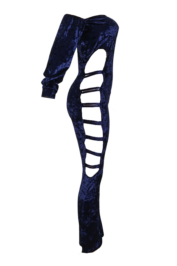  Sexy Dew Shoulder Hollow-out Dark Blue Velvet One-piece Jumpsuits