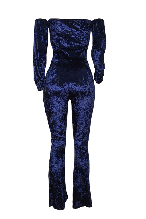  Sexy Dew Shoulder Hollow-out Dark Blue Velvet One-piece Jumpsuits