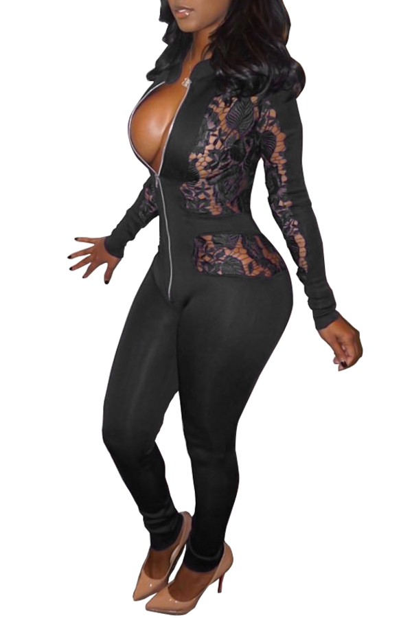  Sexy Hollow-out Zipper Design Black Polyester One-piece Jumpsuits