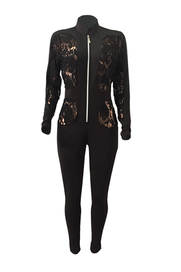  Sexy Hollow-out Zipper Design Black Polyester One-piece Jumpsuits