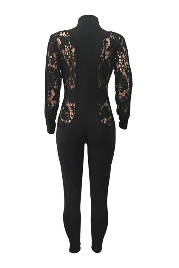  Sexy Hollow-out Zipper Design Black Polyester One-piece Jumpsuits