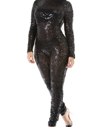  Sexy Printed See-Through Black Polyester One-piece Jumpsuits(Without Lining)