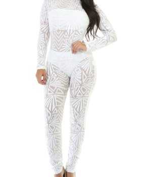  Sexy Printed See-Through White Polyester One-piece Jumpsuits(Without Lining)