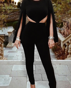 Sexy Round Neck Backless Black Polyester One-piece Jumpsuits