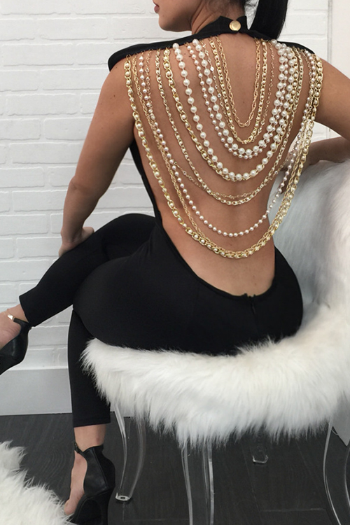  Sexy Round Neck Backless Chain Of Pearls Decoration Black Terylene+Cotton One-piece Jumpsuits