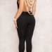  Sexy Round Neck Backless Chain Of Pearls Decoration Black Terylene+Cotton One-piece Jumpsuits