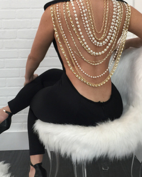 Sexy Round Neck Backless Chain Of Pearls Decoration Black Terylene+Cotton One-piece Jumpsuits Sexy Round Neck Backless Chain Of Pearls Decoration Black Terylene+Cotton One-piece Jumpsuits