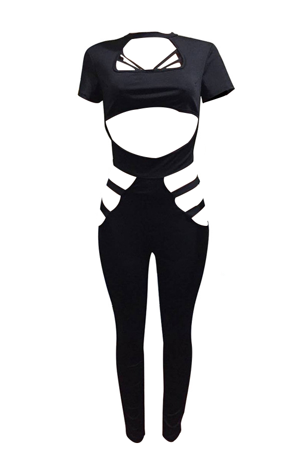  Sexy Round Neck Hollow-out Black Polyester One-piece Jumpsuits