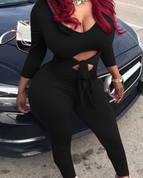  Sexy Round Neck Hollow-out Black Polyester One-piece Skinny Jumpsuits