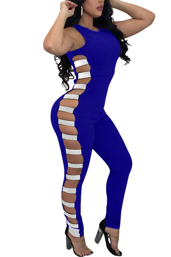  Sexy Round Neck Hollow-out Blue Polyester One-piece Jumpsuits