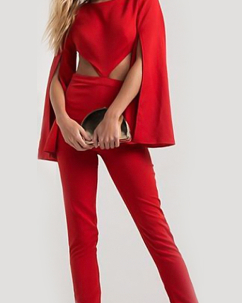 Sexy Round Neck Hollow-out Red Polyester One-piece Jumpsuits Sexy Round Neck Hollow-out Red Polyester One-piece Jumpsuits