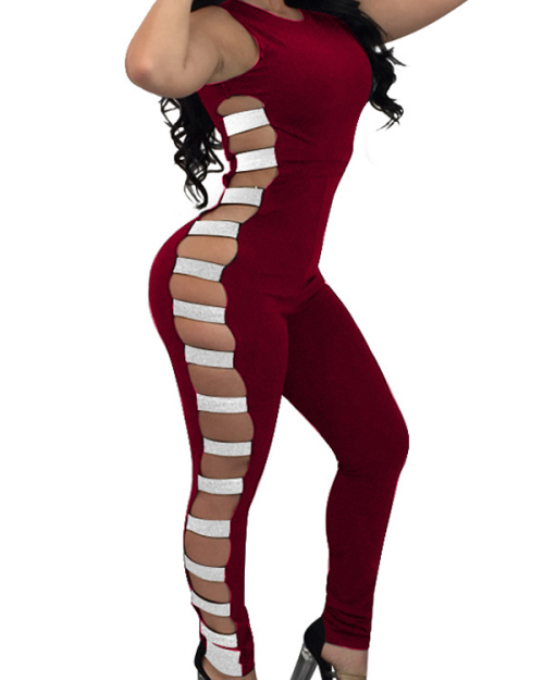 Sexy Round Neck Hollow-out Wine Red Polyester One-piece Jumpsuits Sexy Round Neck Hollow-out Wine Red Polyester One-piece Jumpsuits