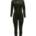  Sexy Round Neck Long Sleeves Gauze Patchwork Army Green Polyester One-piece Skinny Jumpsuits