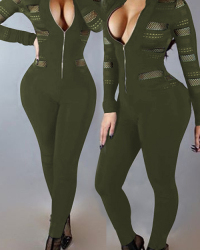  Sexy Round Neck Long Sleeves Gauze Patchwork Army Green Polyester One-piece Skinny Jumpsuits