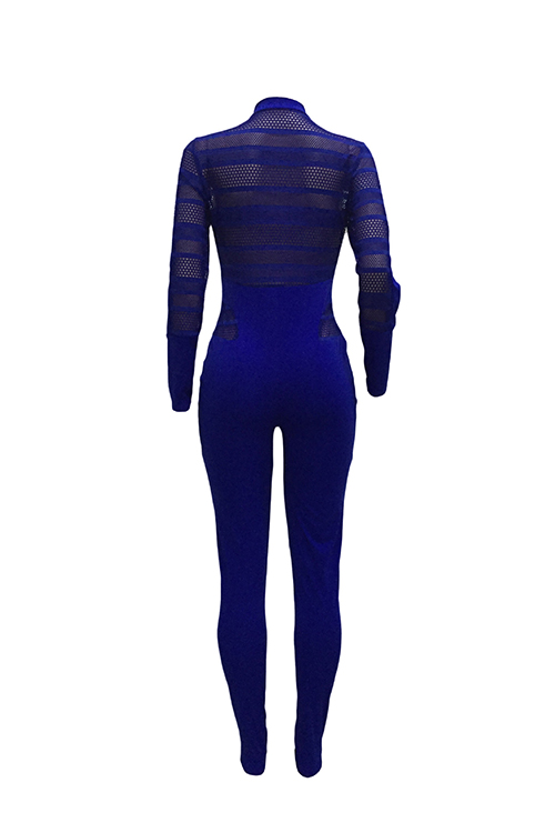  Sexy Round Neck Long Sleeves Gauze Patchwork Deep Blue Polyester One-piece Skinny Jumpsuits