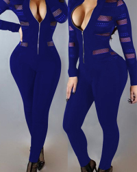  Sexy Round Neck Long Sleeves Gauze Patchwork Deep Blue Polyester One-piece Skinny Jumpsuits
