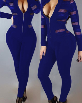  Sexy Round Neck Long Sleeves Gauze Patchwork Deep Blue Polyester One-piece Skinny Jumpsuits