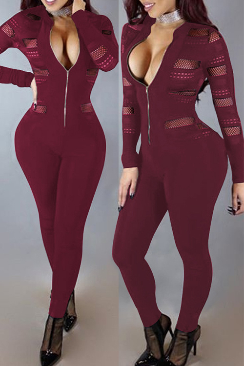 Sexy Round Neck Long Sleeves Gauze Patchwork Wine Red Polyester One-piece Skinny Jumpsuits