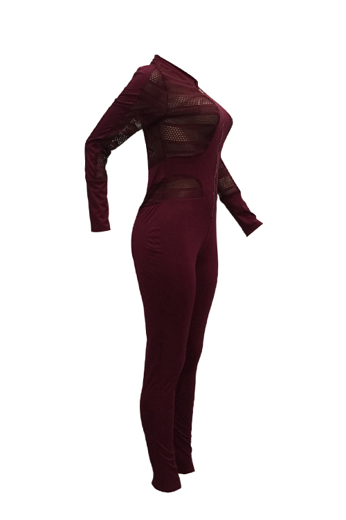  Sexy Round Neck Long Sleeves Gauze Patchwork Wine Red Polyester One-piece Skinny Jumpsuits