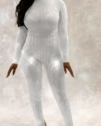  Sexy Round Neck See-Through Hot Drilling Decorative White Polyester One-piece Jumpsuits(Without Lining)