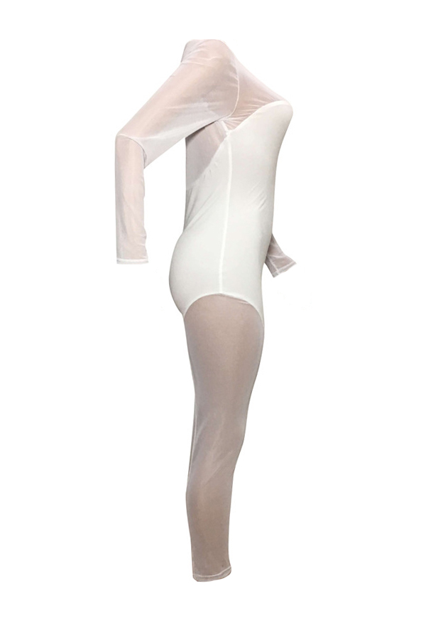  Sexy Round Neck See-Through White Polyester One-piece Jumpsuits