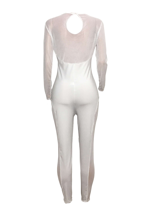 Sexy Round Neck See-Through White Polyester One-piece Jumpsuits