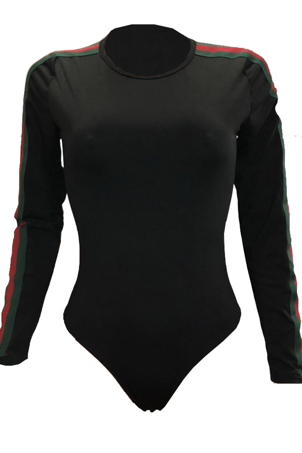  Sexy Round Neck Striped Black Cotton Blends One-piece Jumpsuits