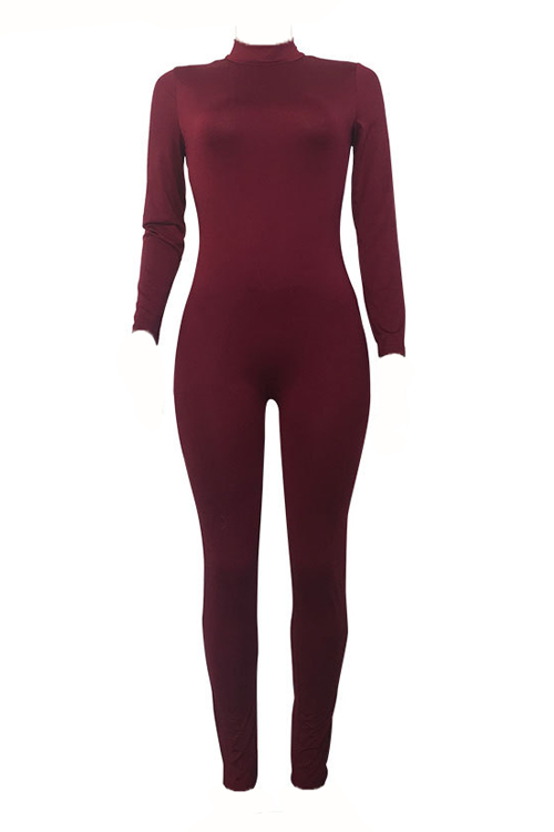  Sexy Round Neck Zipper Design Jujube-red Milk Fiber One-piece Skinny Jumpsuits