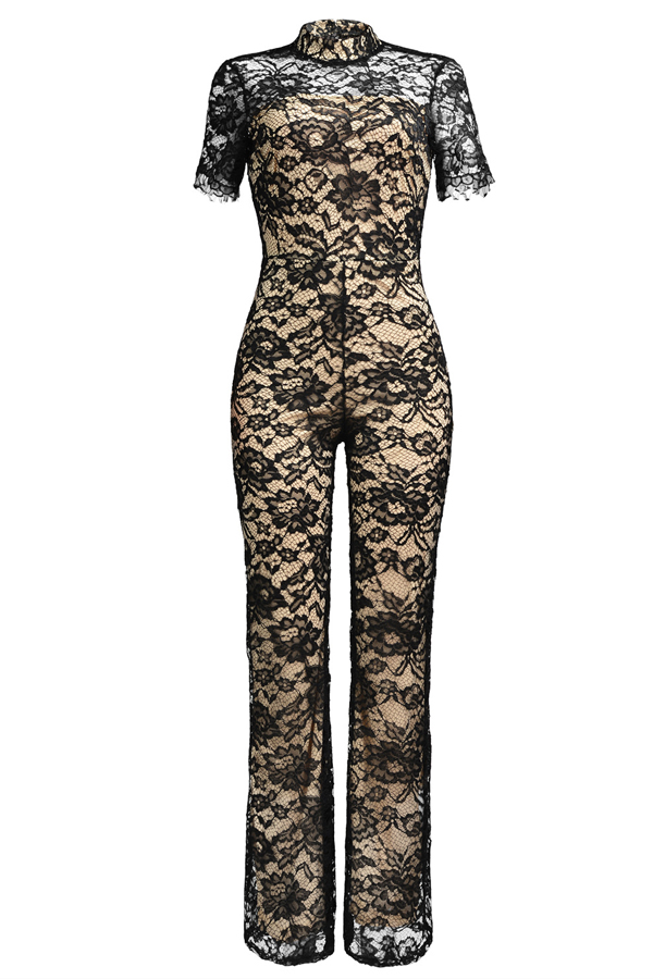  Sexy Stand Collar Hollow-out Black Bud Silk One-piece Jumpsuits