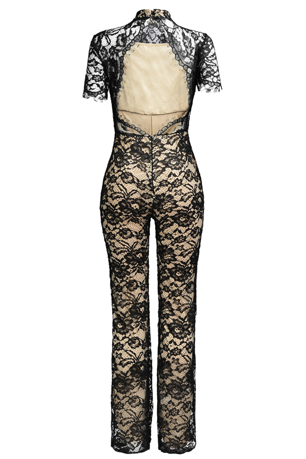  Sexy Stand Collar Hollow-out Black Bud Silk One-piece Jumpsuits