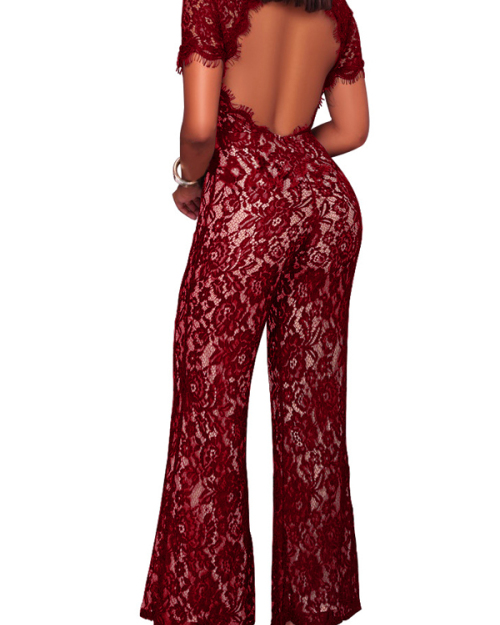 Sexy Stand Collar Hollow-out Wine Red Bud Silk One-piece Jumpsuits Sexy Stand Collar Hollow-out Wine Red Bud Silk One-piece Jumpsuits