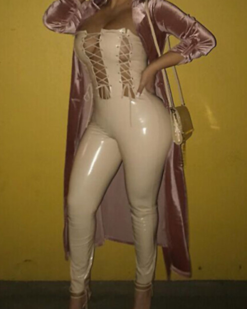 Sexy Strapless Lace-up Hollow-out Apricot Leather One-piece Jumpsuits Sexy Strapless Lace-up Hollow-out Apricot Leather One-piece Jumpsuits