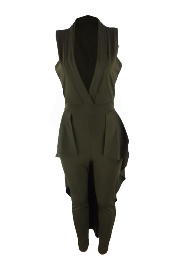  Sexy Turndown Collar Falbala Hems Design Army Green Polyester One-piece Jumpsuits