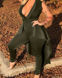 Sexy Turndown Collar Falbala Hems Design Army Green Polyester One-piece Jumpsuits Sexy Turndown Collar Falbala Hems Design Army Green Polyester One-piece Jumpsuits